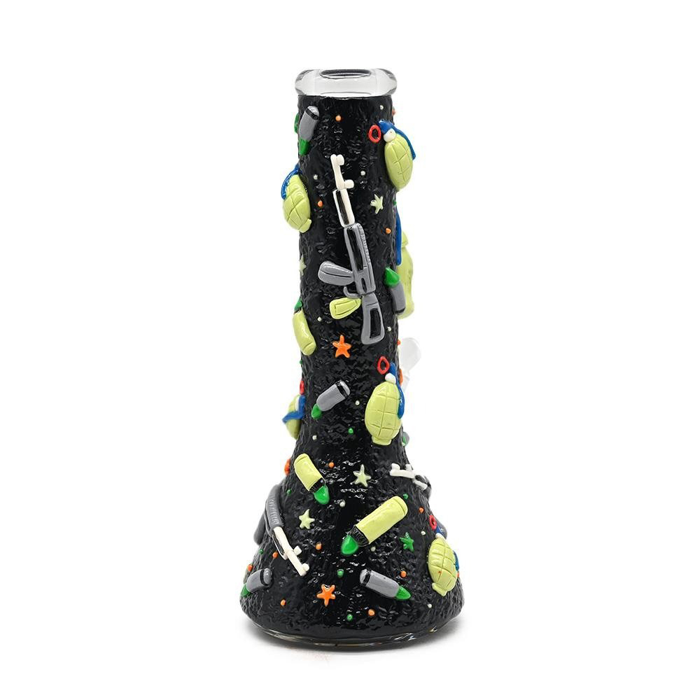 Military Skull Glass Water Pipe with Glow-in-the-Dark Stars and 3D Weapons