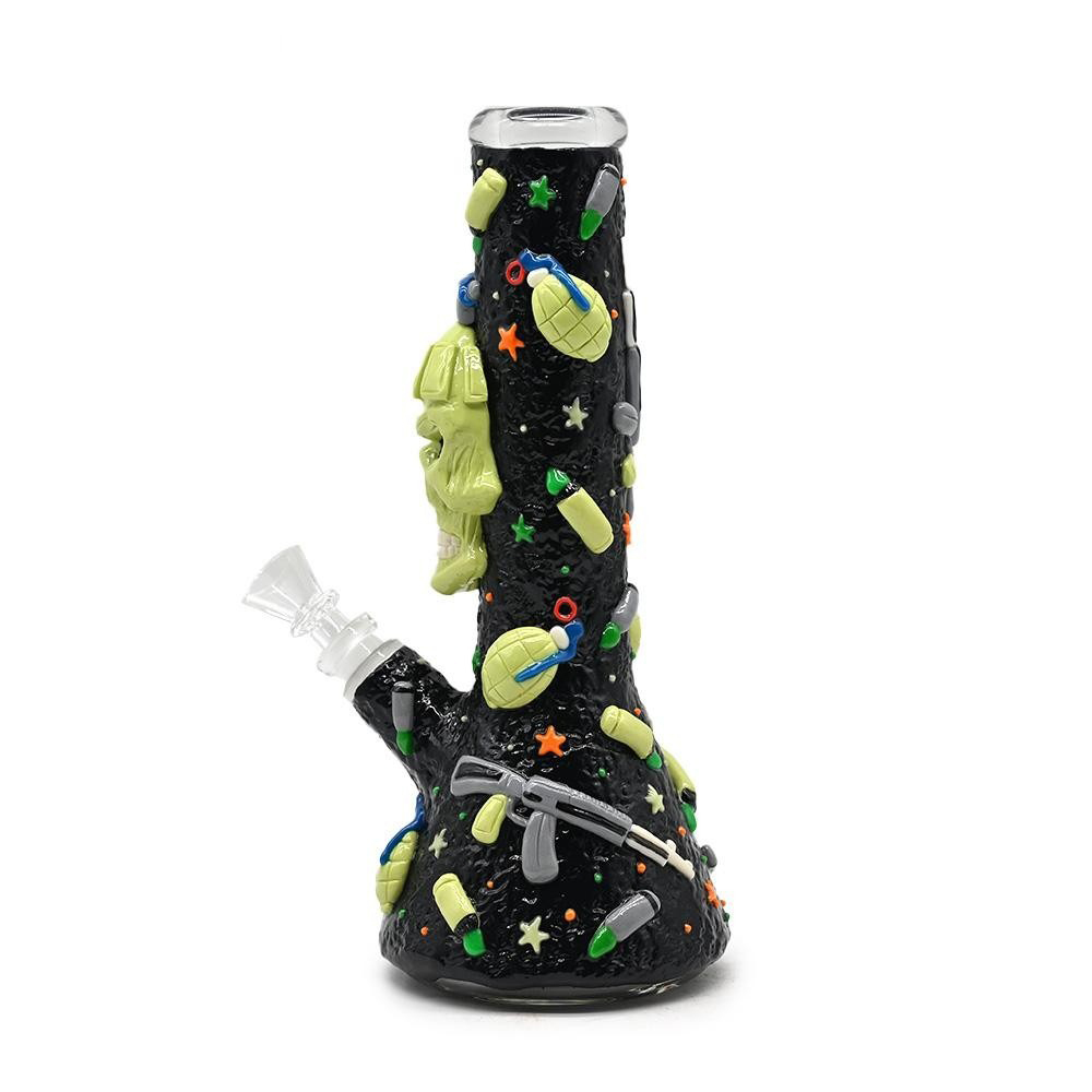 Military Skull Glass Water Pipe with Glow-in-the-Dark Stars and 3D Weapons