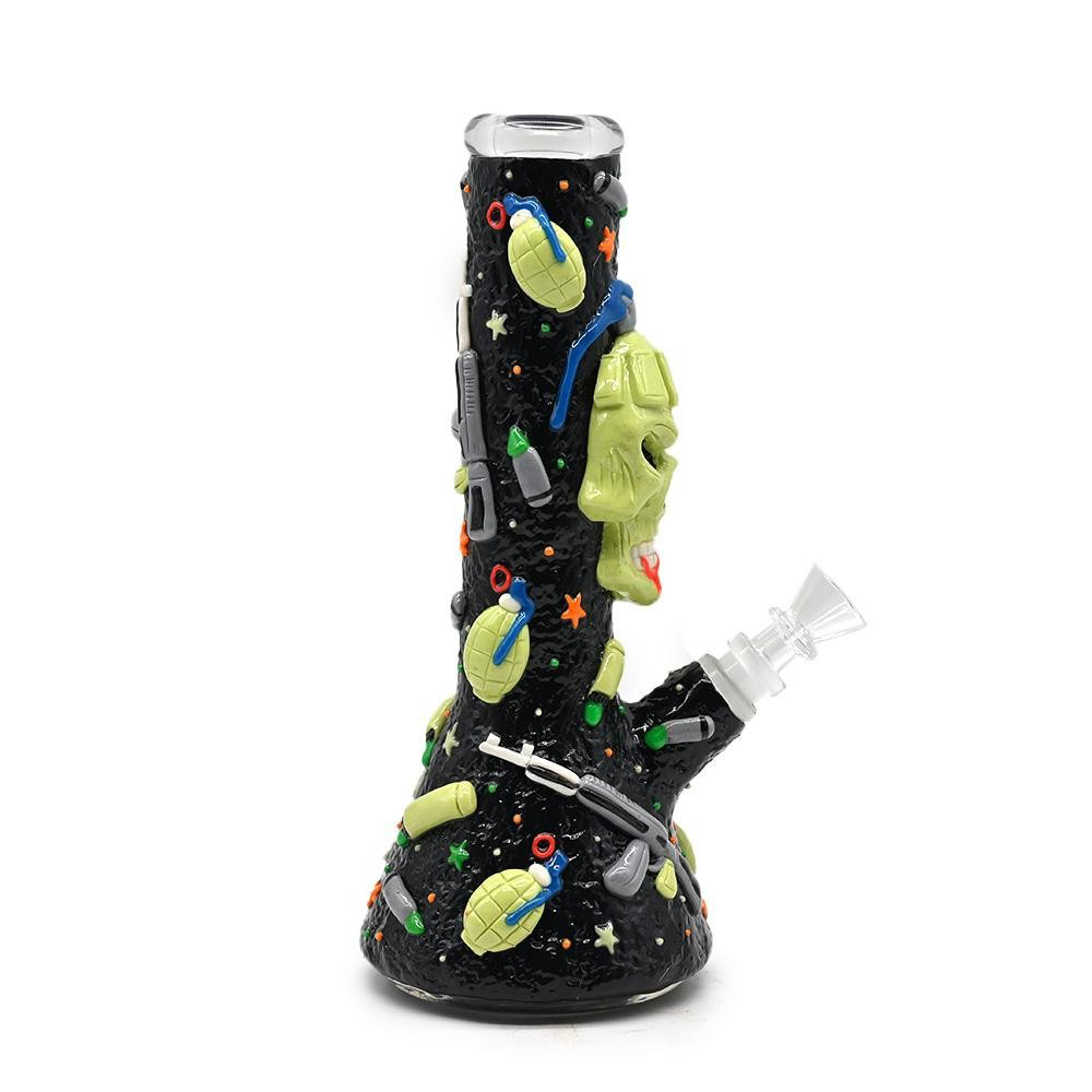 Military Skull Glass Water Pipe with Glow-in-the-Dark Stars and 3D Weapons