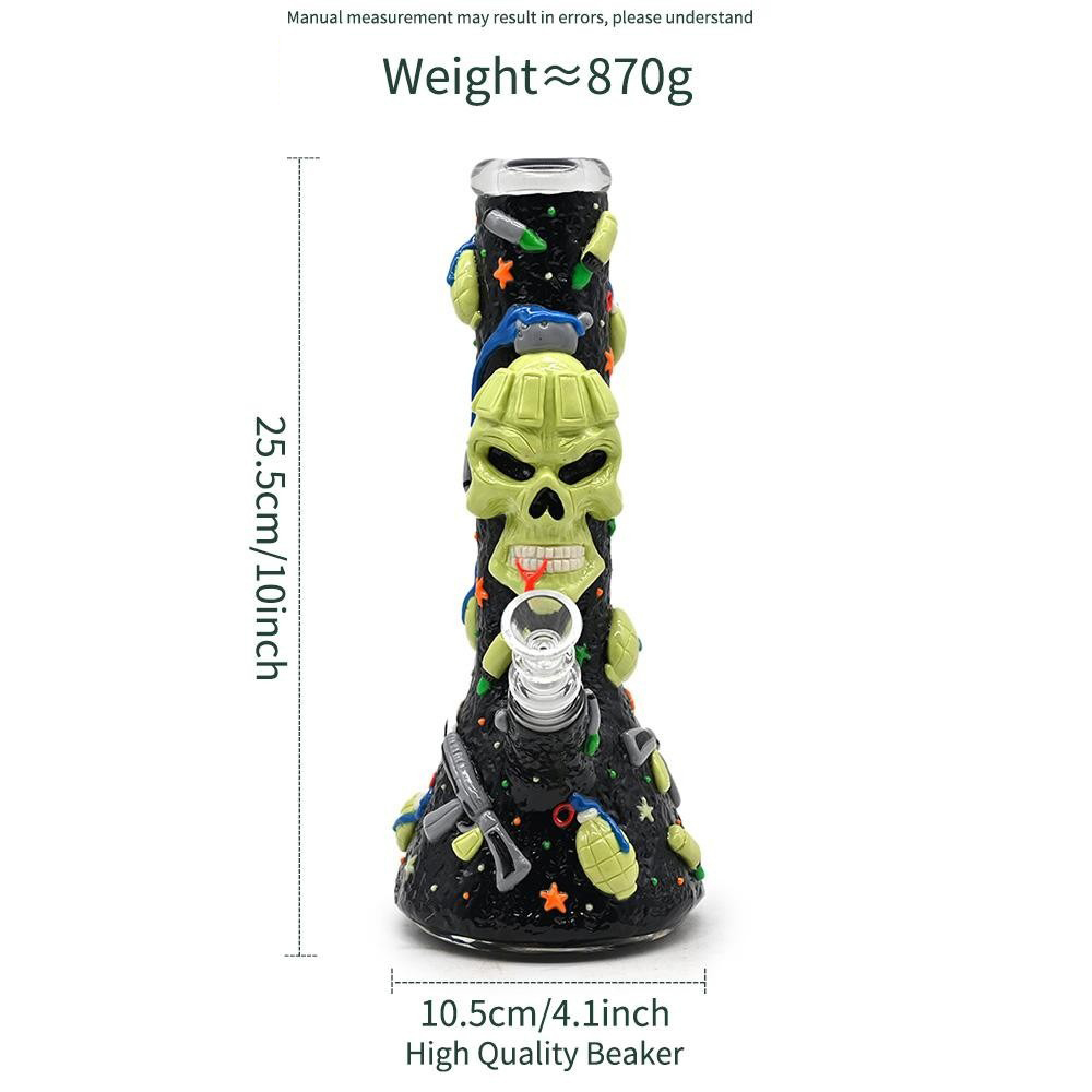 Military Skull Glass Water Pipe with Glow-in-the-Dark Stars and 3D Weapons