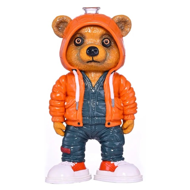 Streetwear Bear Figure Glass Water Pipe with Orange Hoodie and Sneakers