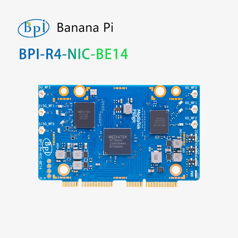 BPI-BE14 WIFI7 is an open-source router development board equipped with MediaTek MT7995 WiFi7 module, supporting concurrent operation on three frequency bands
