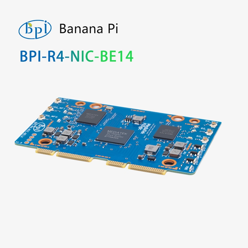BPI-BE14 WIFI7 is an open-source router development board equipped with MediaTek MT7995 WiFi7 module, supporting concurrent operation on three frequency bands