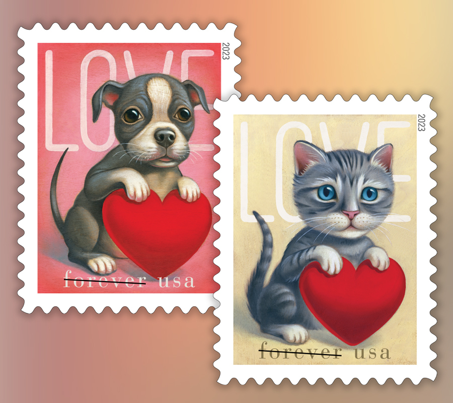2023 Love: Kitten & Puppy Pane Forever First Class Postage Stamps