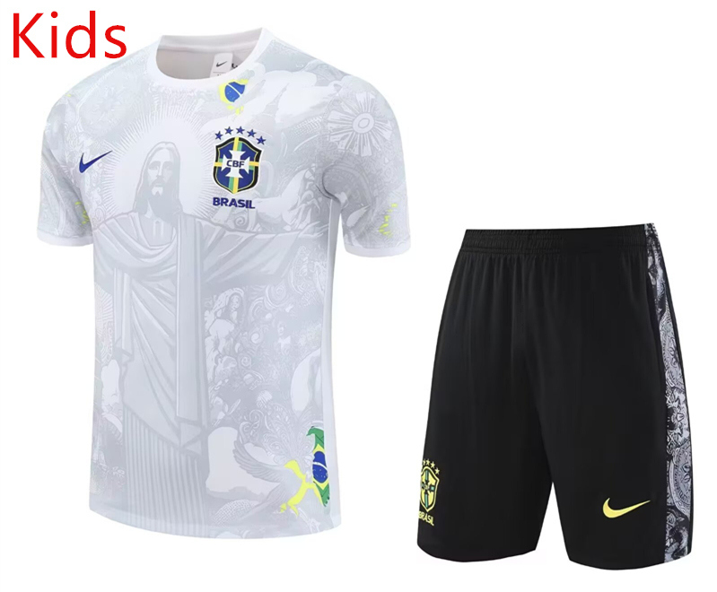 25-26 Brazil White&Gray Kids/Youth Soccer Training Uniform-418
