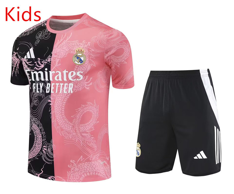 25-26 Real Madrid Pink Dragon Pattern Kids/Youth Soccer Training Uniform-418