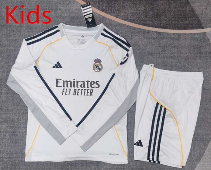 2025-2026 Real Madrid Home White LS Kids/Youth Soccer Uniform-9484