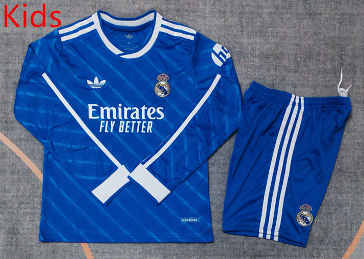 2025-2026 Real Madrid 2nd Away Blue LS Kids/Youth Soccer Uniform-9484