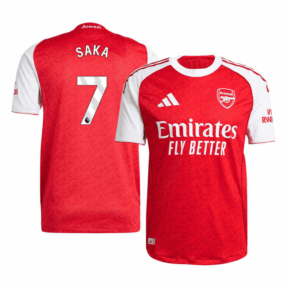 Back view of the Arsenal home player-style soccer jersey showing SAKA #7 print and clean red match-ready look