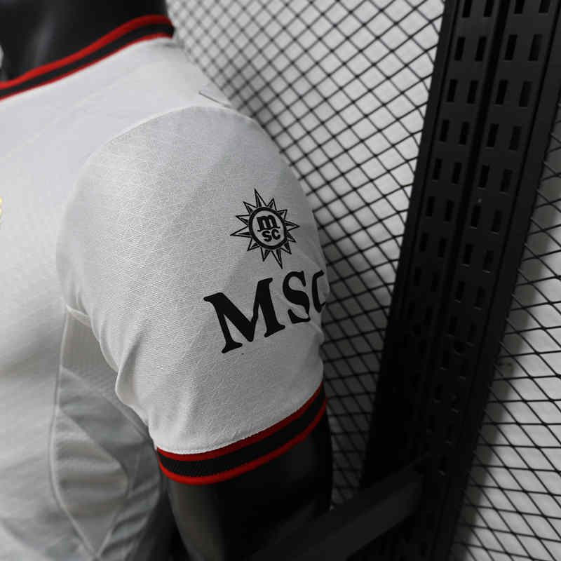 Angled product view of the 26-27 AC Milan away white jersey, displaying the sleek replica-inspired style