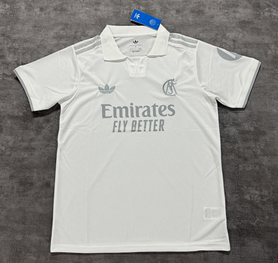 Front view of a white 125th anniversary commemorative football jersey with clean trim and minimalist styling