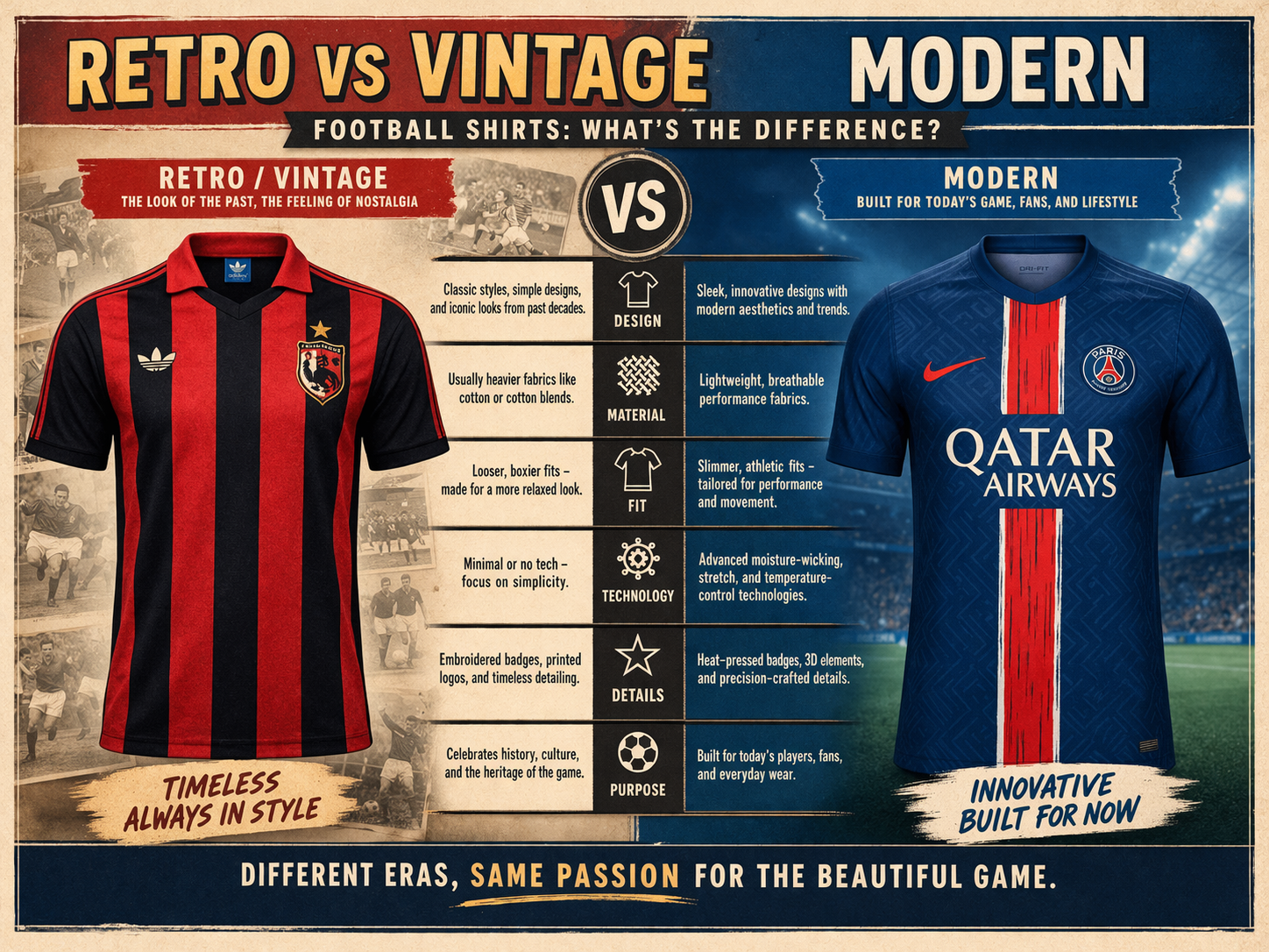 A comparison of retro/vintage and modern football shirts, highlighting the key differences in design, material, fit, technology, and details.