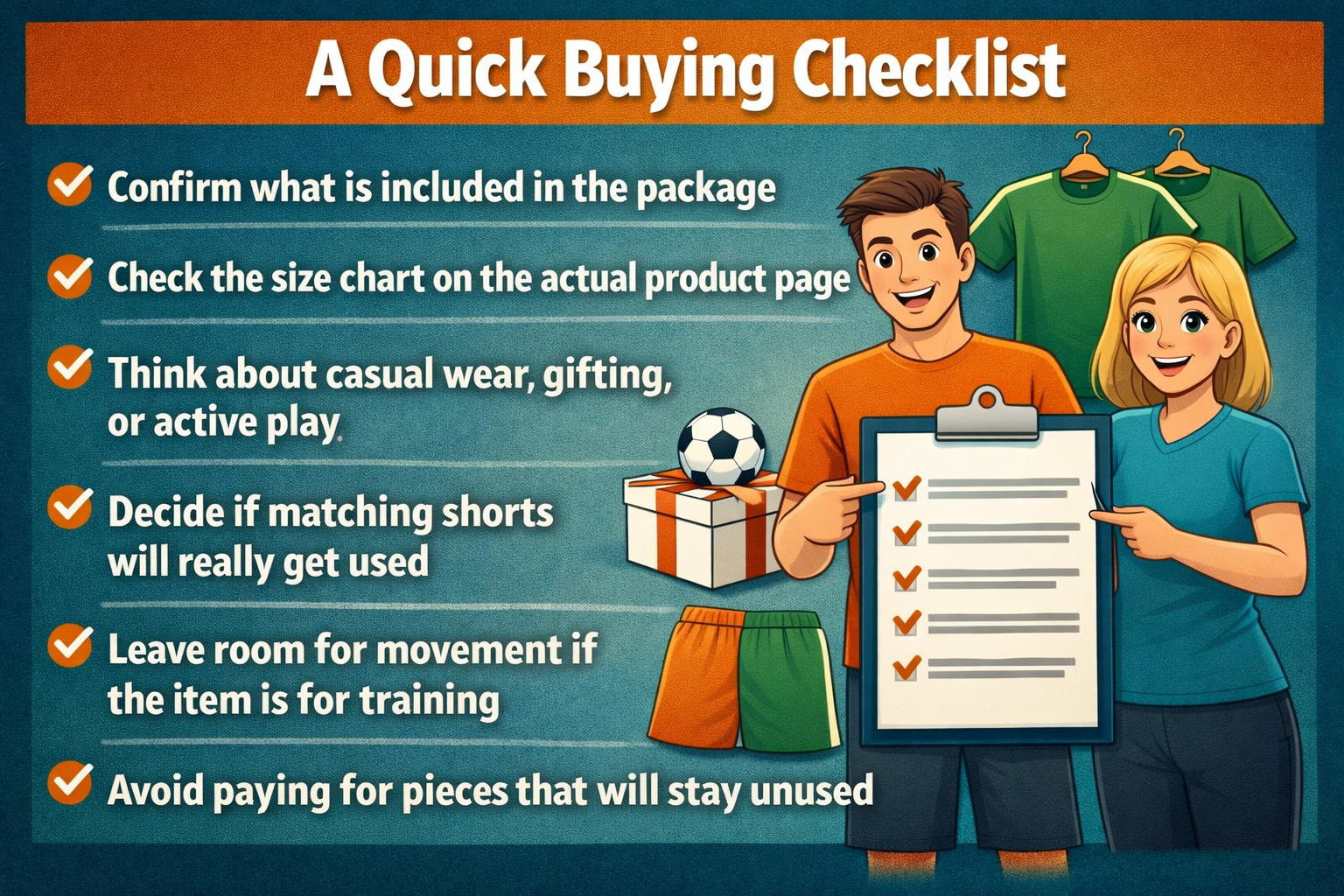A concise buying checklist for football/soccer gear, covering key considerations like package contents, sizing, and intended use.