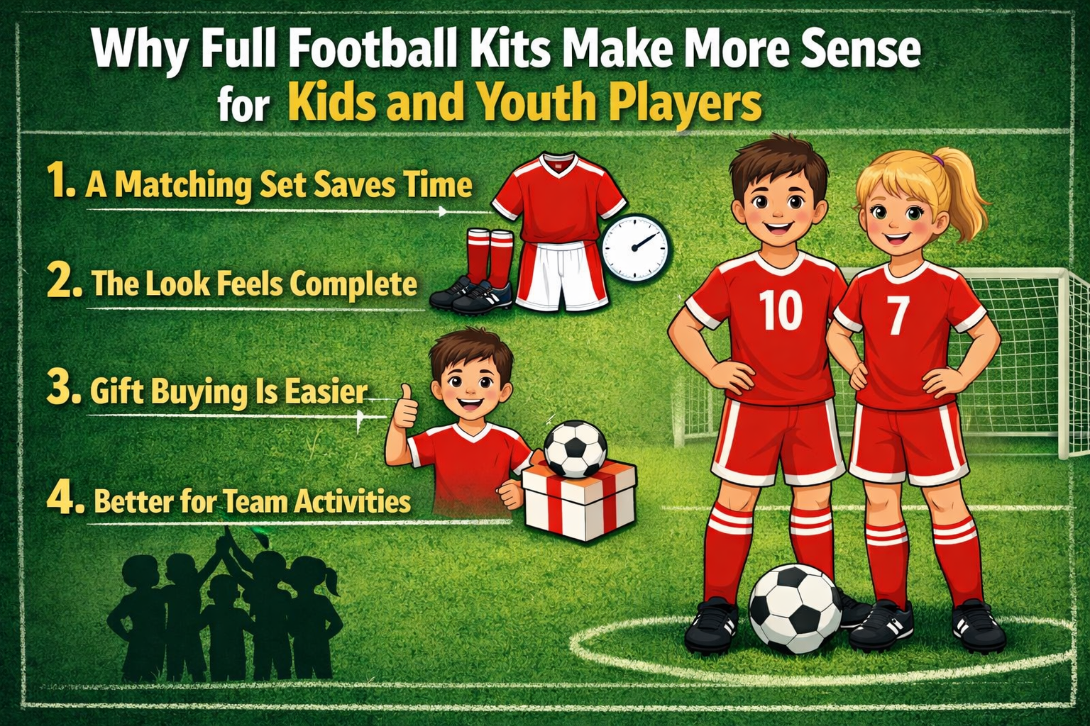 An image explaining the benefits of buying full football/soccer kits for kids and youth players, including time-saving, complete look, easier gifting, and better team activities.