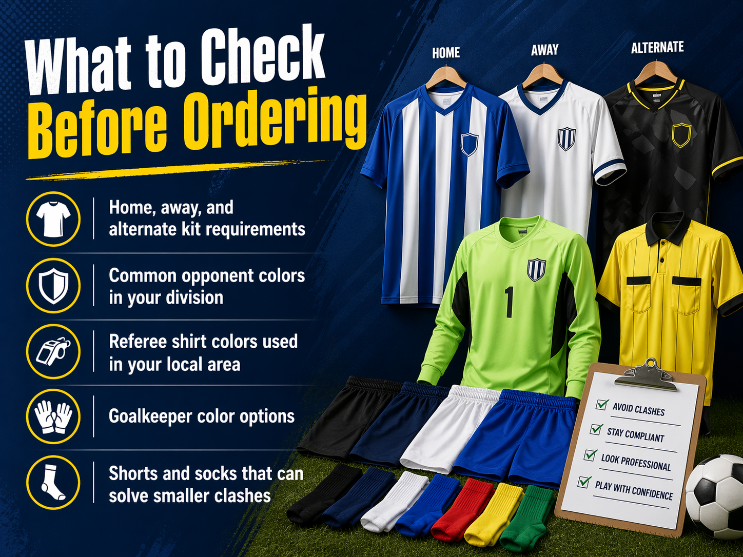 A checklist of key considerations for ordering football/soccer kits, including kit requirements, opponent/referee colors, and recommended gear to avoid clashes.