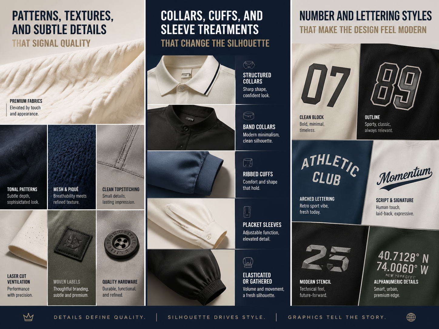 An image highlighting design elements that contribute to quality and modern style in sports apparel, including patterns, textures, collars, cuffs, sleeve treatments, and number/lettering styles.