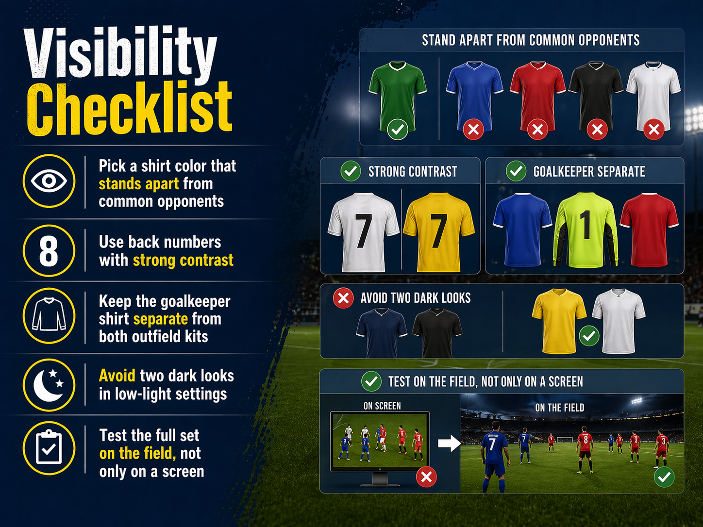 A checklist of visibility guidelines for football/soccer kits, including color contrast, number visibility, goalkeeper jersey separation, and testing the full kit on the field.