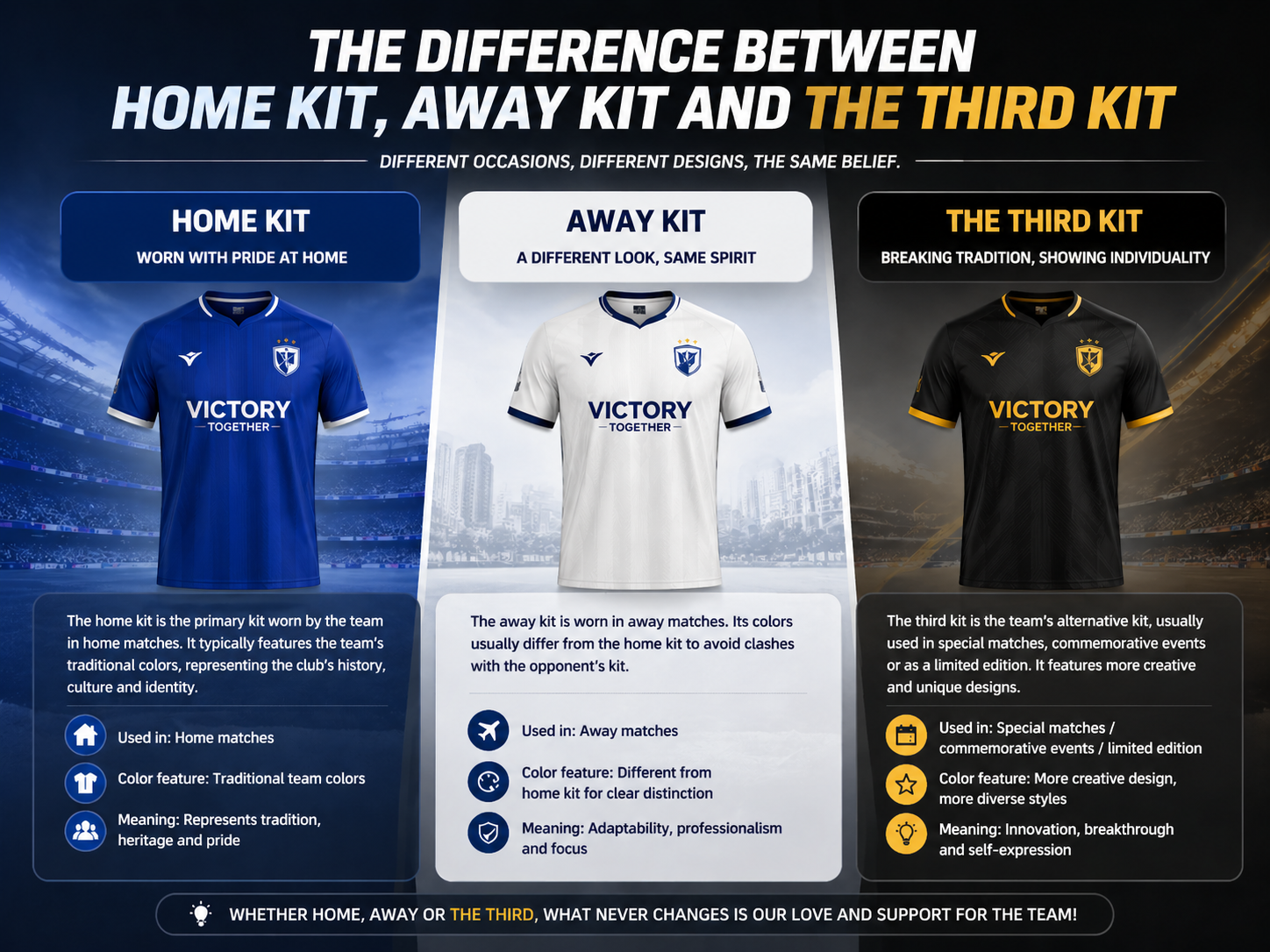 An infographic explaining the differences between a soccer team's home, away, and third kits, including their usage, design features, and symbolic meanings.