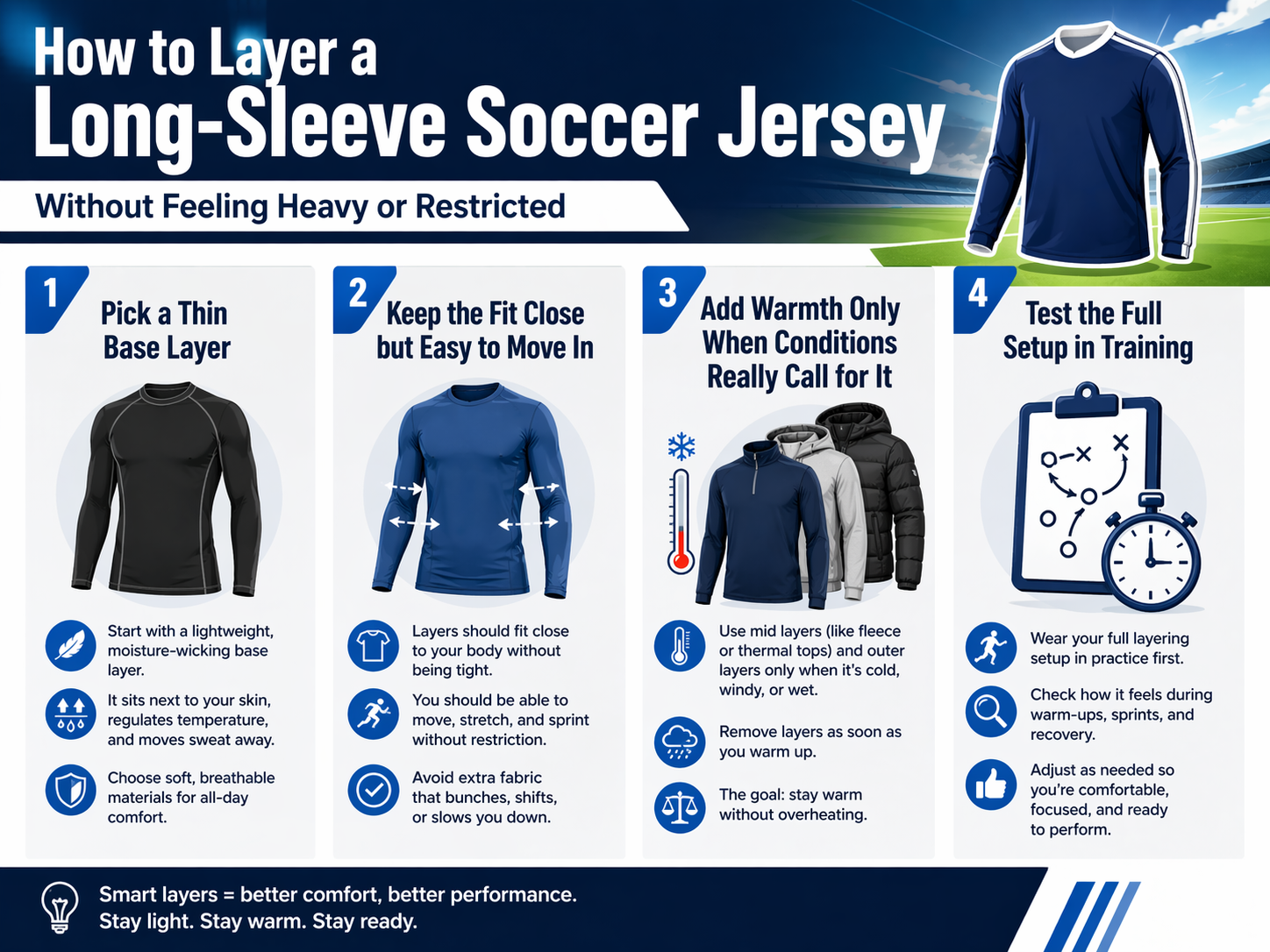 A step-by-step guide on layering a long-sleeve soccer jersey for optimal comfort and performance.
