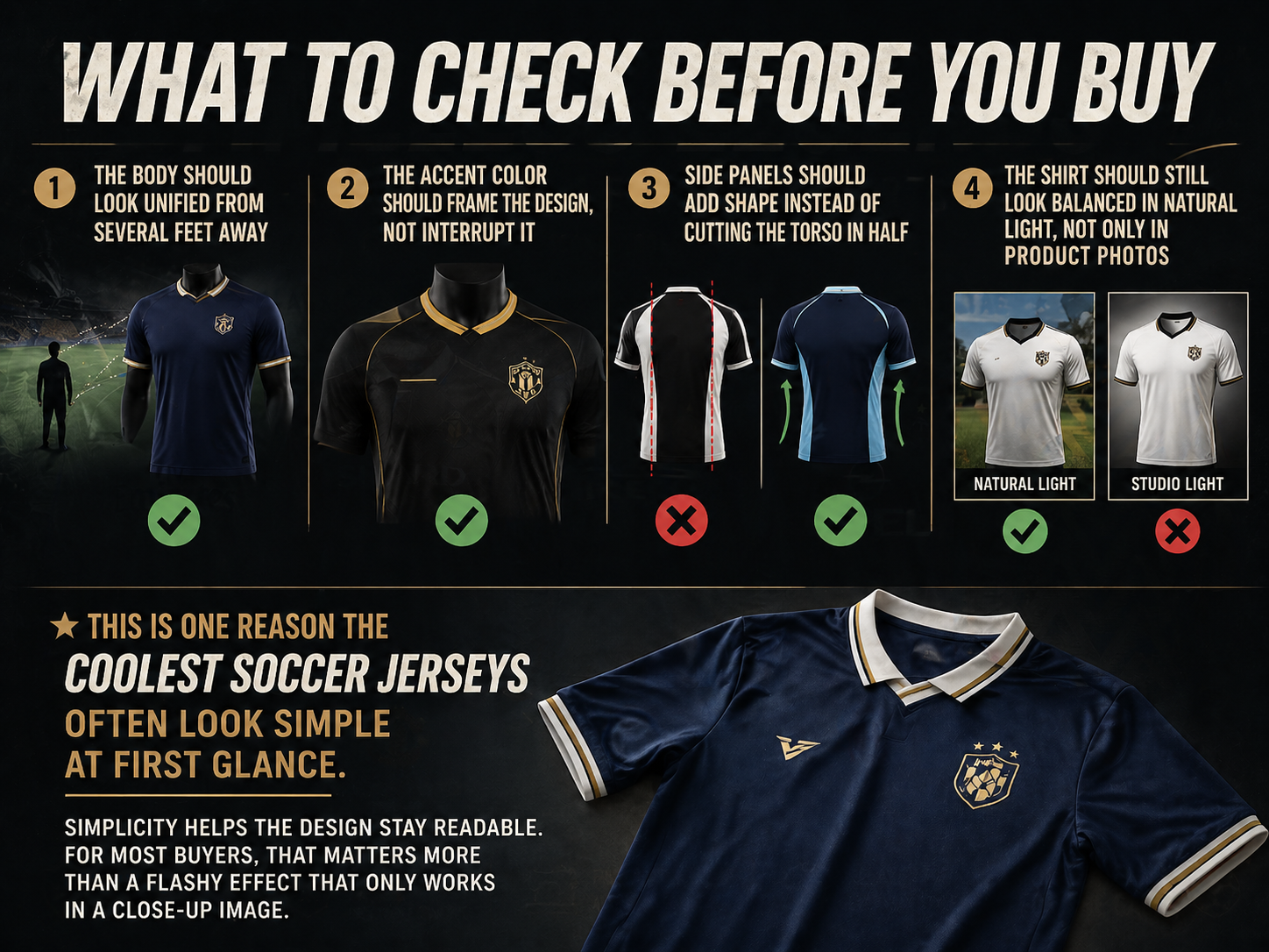 A guide highlighting key design principles to consider when buying soccer jerseys, including unified body shape, accent color framing, side panel shaping, and balanced appearance in natural light.