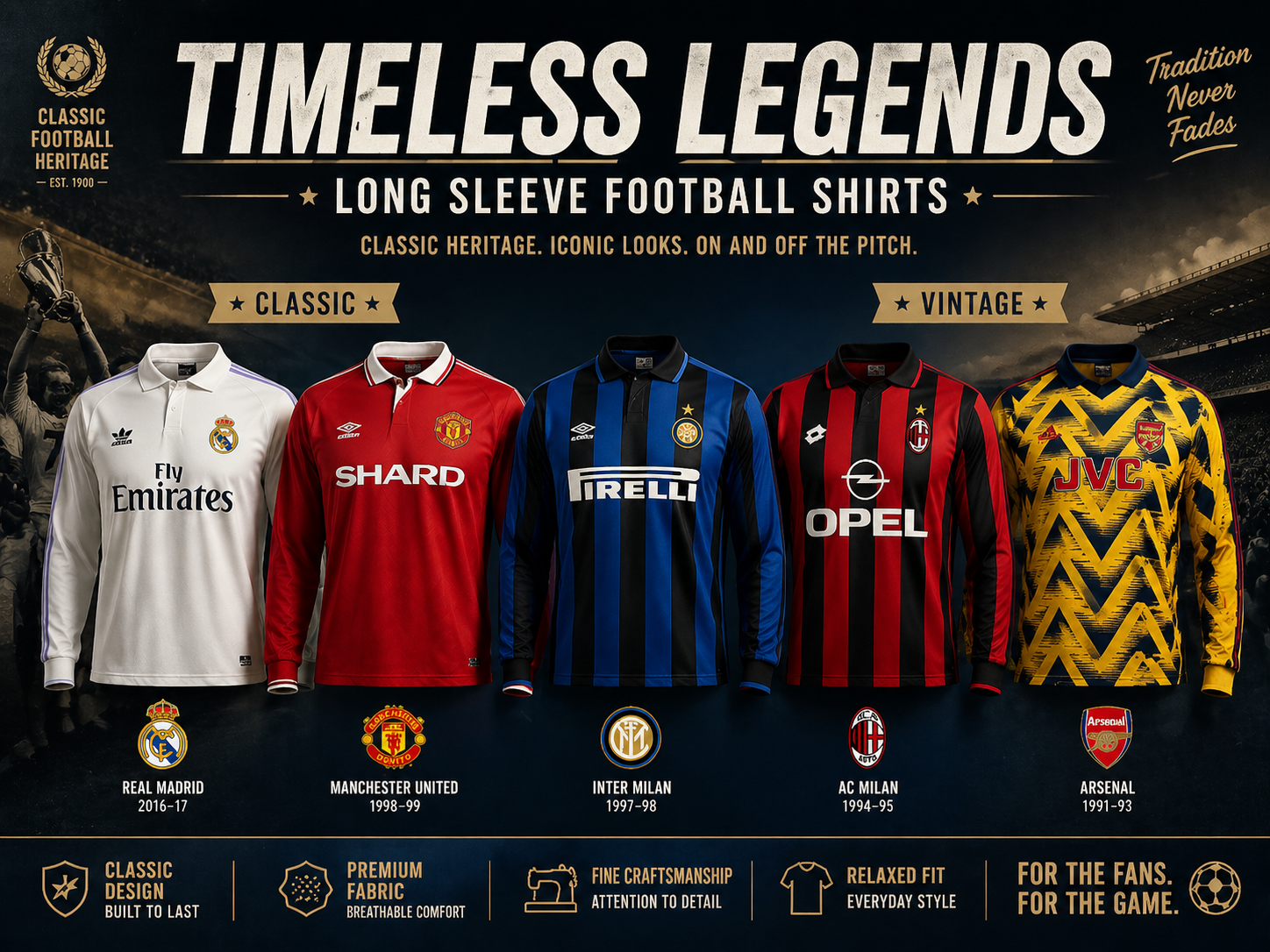A collection of classic and vintage long-sleeve football/soccer jerseys from legendary teams like Real Madrid, Manchester United, Inter Milan, AC Milan, and Arsenal.