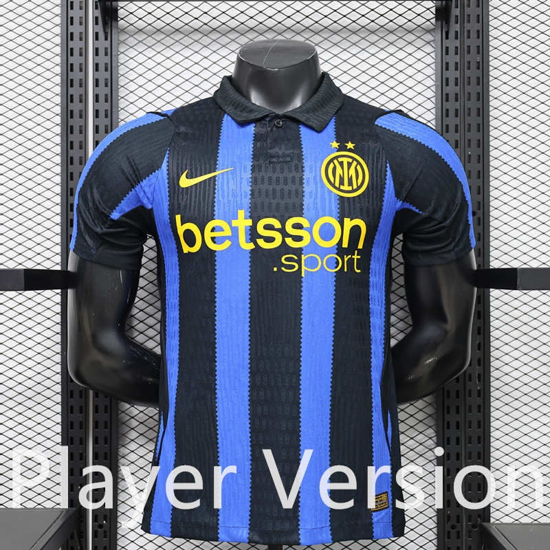 Front view of the 26-27 Inter Milan home player version jersey in blue and black stripes