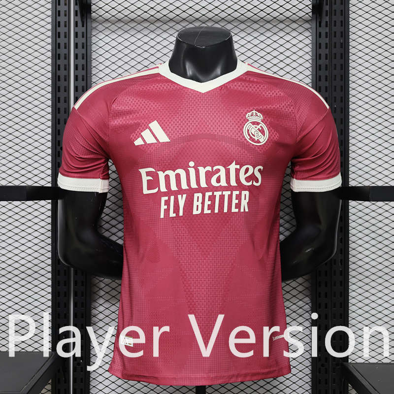 Front view of a 26-27 player version away-style red soccer jersey with clean panel detailing
