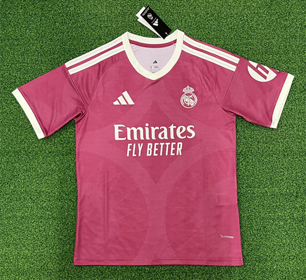 Real Madrid 26/27 pink away jersey replica front view, Thailand version soccer shirt