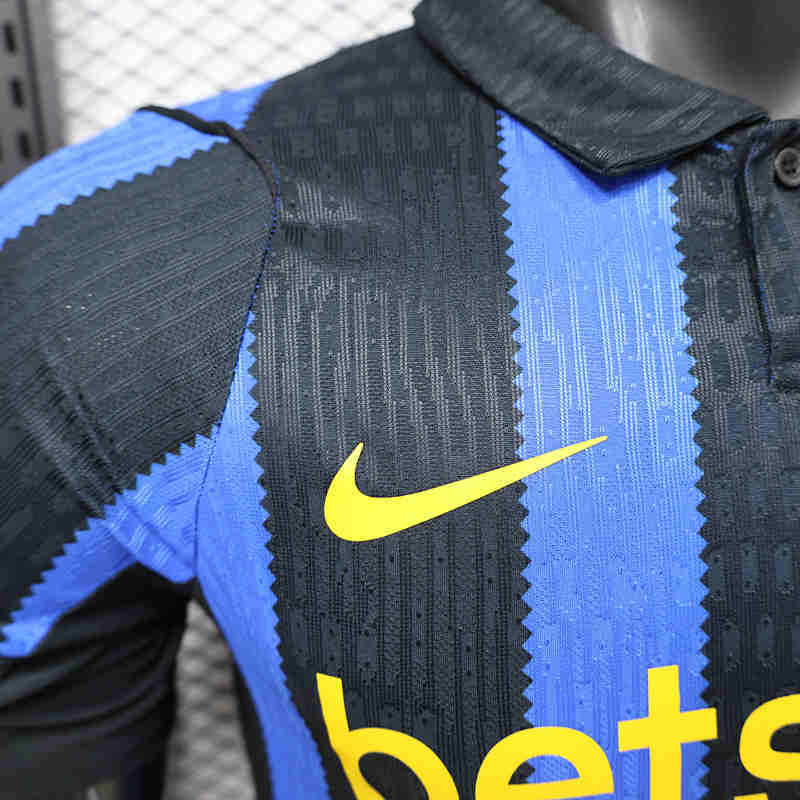 Detail shot showing the collar and sleeve finish of the Inter Milan Thailand soccer jersey