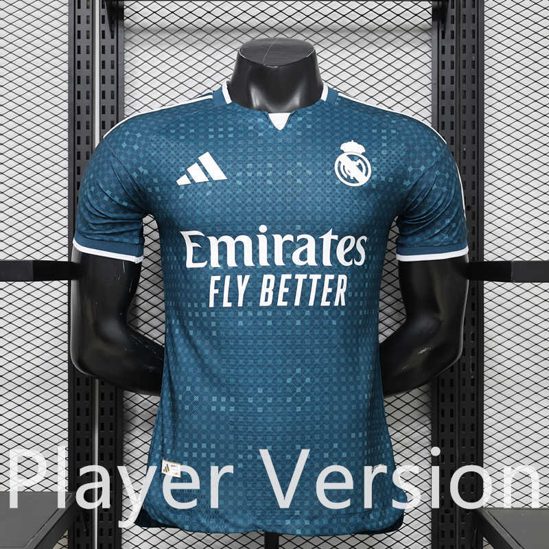 Player version 26-27 Madrid away blue soccer jersey, front view with clean modern styling