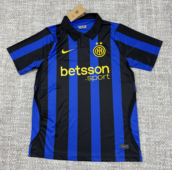 Front view of the 26-27 Inter Milan home jersey in blue and black stripes, featuring short sleeves and a clean match-style design