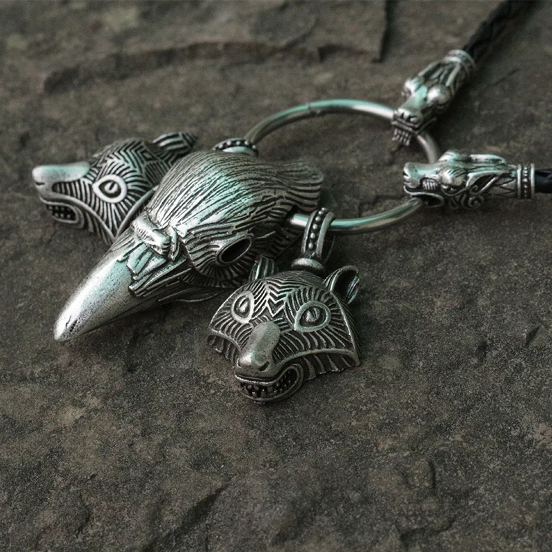 lanseis 1pcs Viking wolf head pendant raven head men necklace