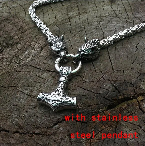 Men stainless steel necklace viking wolf head with thor's hammer mjolnir pendant norse talisman ethnic jewelry