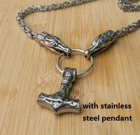 Men stainless steel necklace viking wolf head with thor's hammer mjolnir pendant norse talisman ethnic jewelry