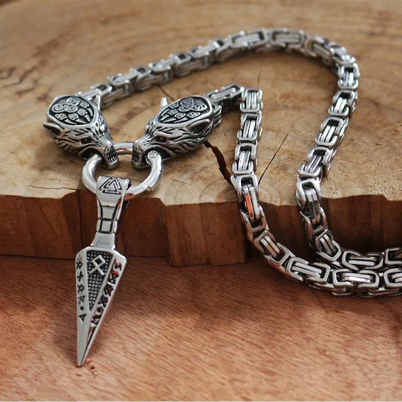 Men necklace viking wolf head with Triangle arrow rune  necklace stainless steel pendant norse talisman ethnic jewelry