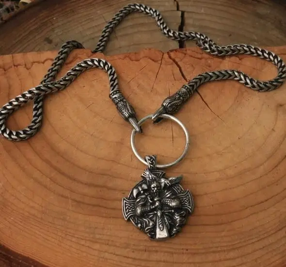 Men stainless steel necklace viking wolf head with thor's hammer mjolnir pendant norse talisman ethnic jewelry