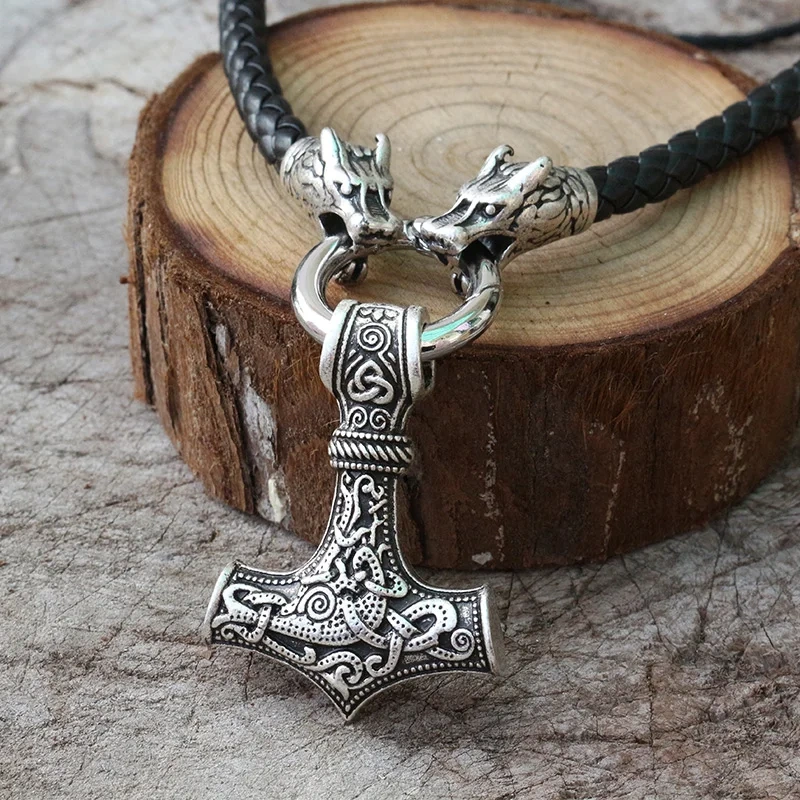 Men stainless steel necklace viking Dragon head with thor's hammer mjolnir necklace pendan norse talisman ethnic jewelry