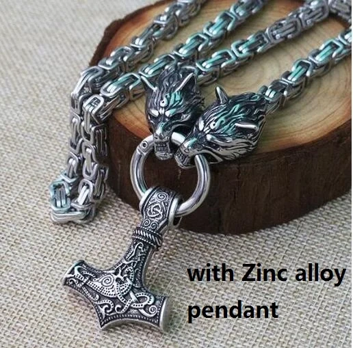 Men stainless steel necklace viking wolf head with thor's hammer mjolnir pendant norse talisman ethnic jewelry