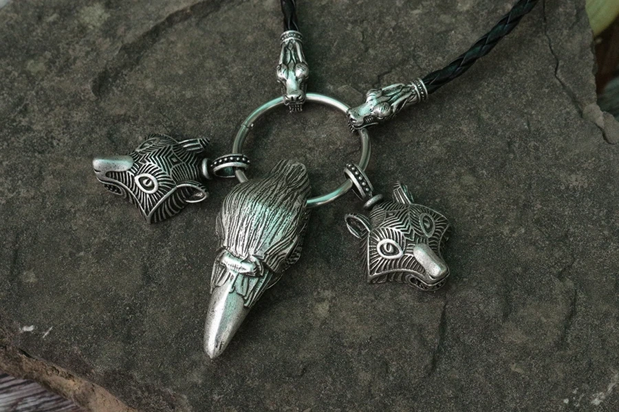 lanseis 1pcs Viking wolf head pendant raven head men necklace