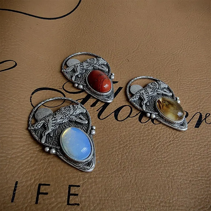 1pcs  moon and wolf  Necklace pendant Embed Natural stone pendant Mixed Metals Nature Camping Hiking Jewelry