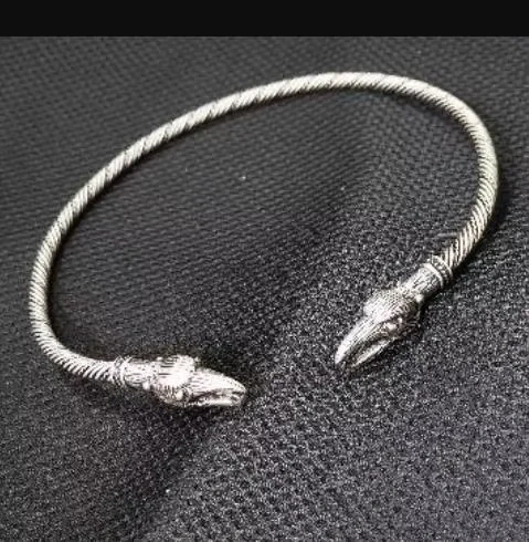 lanseis 1pcs viking wolf bracelet  Viking Wolf Head Fenrir Torc Neck Ring Ragnar Handmade Heavy Twisted Brass Wire Pagan Norse