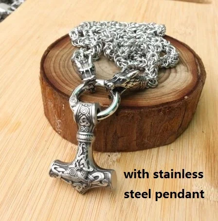 Men stainless steel necklace viking wolf head with thor's hammer mjolnir pendant norse talisman ethnic jewelry