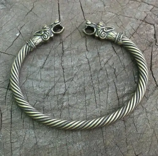 lanseis 1pcs viking wolf bracelet  Viking Wolf Head Fenrir Torc Neck Ring Ragnar Handmade Heavy Twisted Brass Wire Pagan Norse