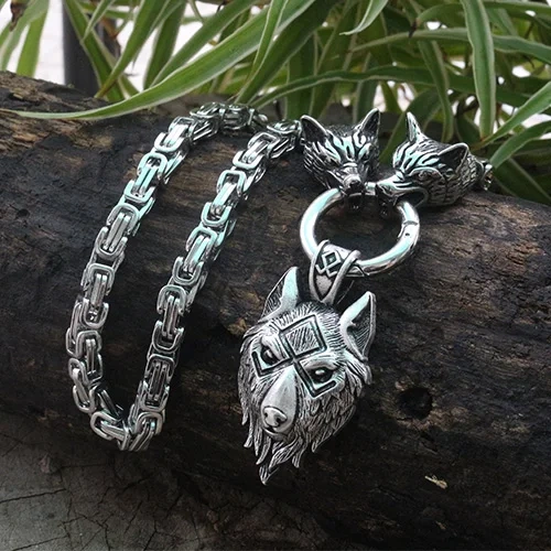 Men stainless steel necklace viking wolf head with viking wolf pendant norse talisman ethnic jewelry