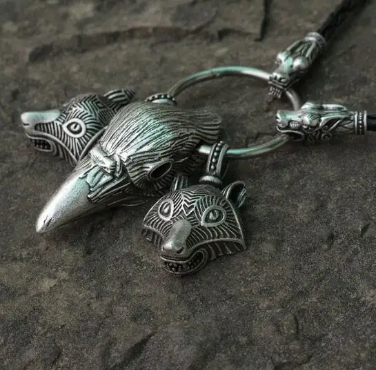 lanseis 1pcs Viking wolf head pendant raven head men necklace