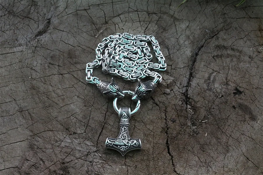 Men stainless steel necklace viking wolf head with viking Mjolnir hammer pendant norse talisman ethnic jewelry