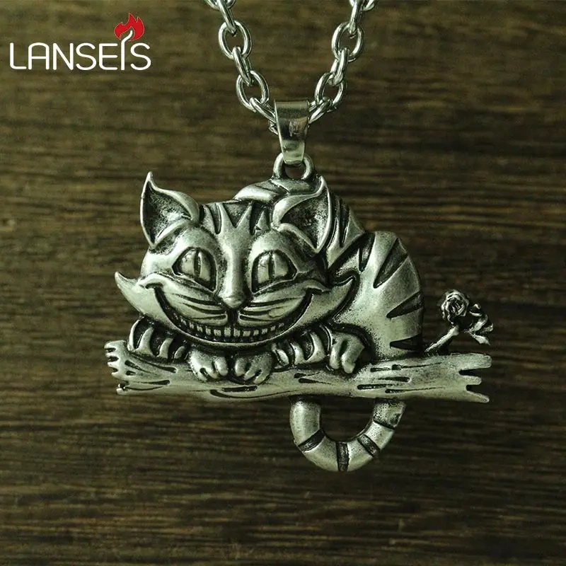 lanseis 1pcs viking cheshire cat women necklace pendant Sweater chain cute cat animal jewelry
