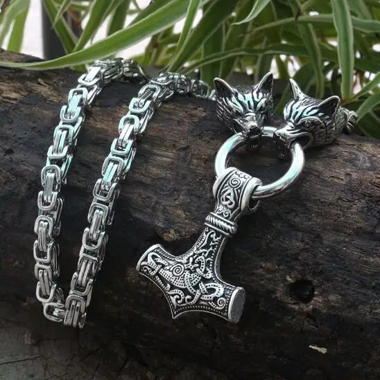 Men stainless steel necklace viking wolf head with Odin by Helena Rosova necklace pendan norse talisman ethnic jewelry