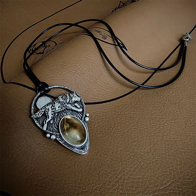 1pcs  moon and wolf  Necklace pendant Embed Natural stone pendant Mixed Metals Nature Camping Hiking Jewelry