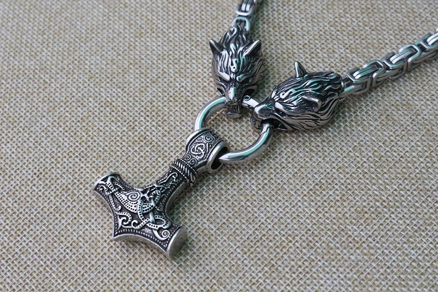 Men stainless steel necklace viking wolf head with thor's hammer mjolnir pendant norse talisman ethnic jewelry